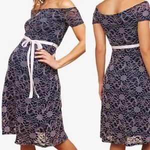 Motherhood Maternity Navy Pink off the shoulder dress
